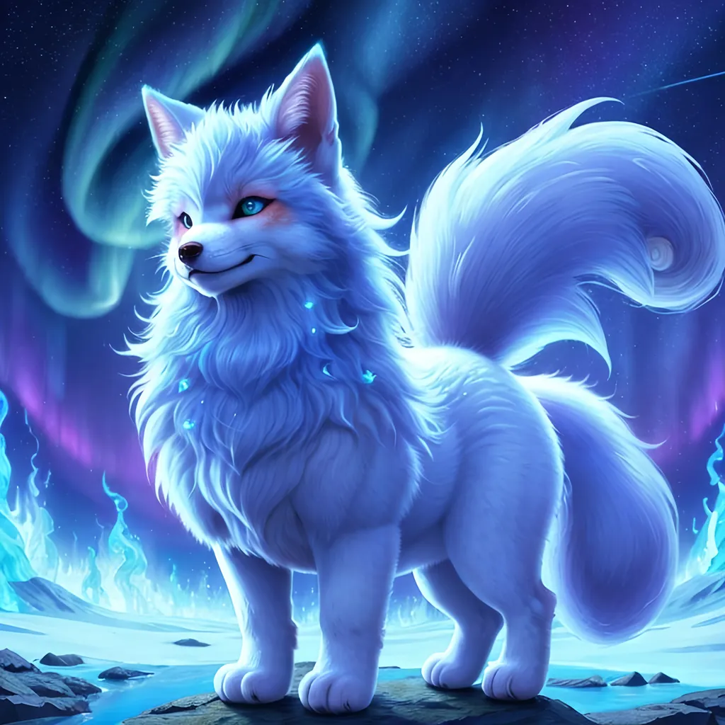 Prompt: {Alolan Vulpix}, growling, fox, kitsune, ice element, detailed artwork, portrait, 8k, detailed background, auroras, brilliant night sky, mischievous, thick billowing mane, hyper realism, realistic, hyper realistic