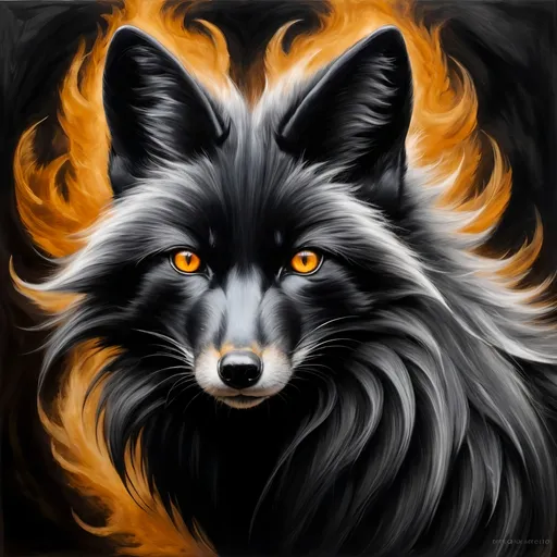 Prompt: painting of a large male black fox champion with 8 tails, jet black and white fur, brilliant and beautiful 8k amber eyes, feral, charcoal fur, charcoal drawing, oil painting, Fire and ice, golden ratio, symmetric, expressive, up close, intense