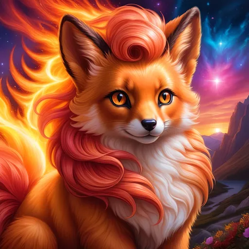 Prompt: {Vulpix}, gleaming hypnotic {amber eyes}, flame, fire element, feral, frost, detailed artwork, beautiful oil painting, 64k, detailed background, lakeside, deep starry sky, lush cliffside, brilliant sunrise sky, big black ears, beautiful {black muzzle}, luxurious {crimson pelt}, big beautiful 8k eyes, mischievous, vivid colors, thick fluffy fur, glowing fiery aura, fire princess, bashful rosy cheeks, timid, bright rosy cheeks, thick billowing mane, intricately detailed fur, beautiful detailed eyes, , by Anne Stokes, golden ratio, perfect proportions, vibrant, hyper detailed, complementary colors, UHD, beautiful detailed background