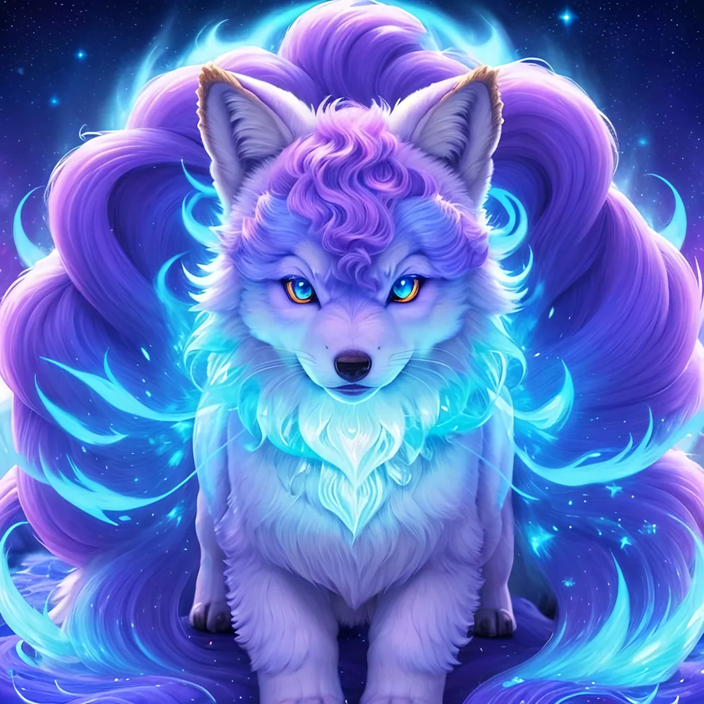 Prompt: {Alolan Vulpix}, growling, wolf, ice element, detailed artwork, portrait, 8k, detailed background, beautiful auroras, brilliant night sky, gleaming hypnotic purple eyes, mischievous, thick billowing mane, beautiful detailed eyes, golden ratio, perfect proportions, complementary colors, UHD