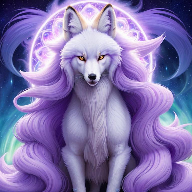 Prompt: {Alolan Ninetales}, growling, fox, white maned wolf, brilliant hypnotic purple eyes, silky lavender fur, ageless, lives for a thousand years, wise, extravagant silky mane, ice element, detailed artwork, portrait, 8k, global illumination, detailed background, auroras, brilliant night sky, mischievous, thick billowing mane, hyper realism, realistic, hyper realistic, dynamic, UHD, professional, studio quality, close up, mid close up, 64k, cinematic, rare, extravagant
