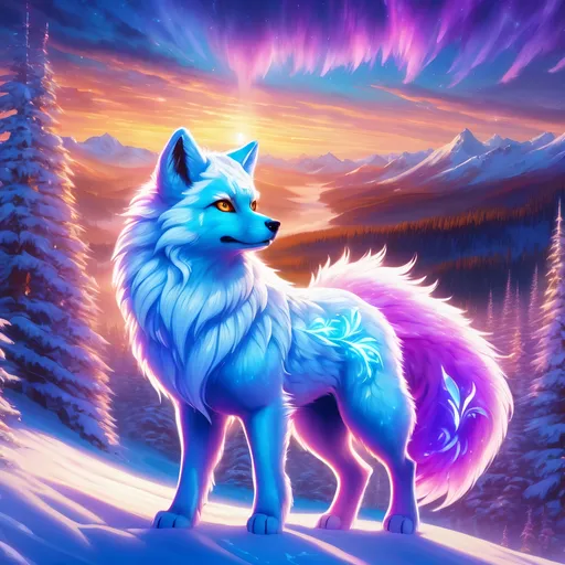 Prompt: {Alolan Vulpix}, growling, Alaskan wolf, ice element, detailed artwork, hyper detailed, 64k, detailed background, beautiful auroras, lush cliffside, snowy mountain peaks, brilliant night sky, gleaming hypnotic {purple eyes}, mischievous, vivid colors, glowing ice aura, thick billowing mane, intense anime portrait, intricately detailed fur, ice blue fur highlights, ice storm, ice halo, beautiful detailed eyes, golden ratio, precise, perfect proportions, vibrant, hyper detailed, complementary colors, UHD, HDR, beautiful detailed background, unreal 5, artstaion, deviantart