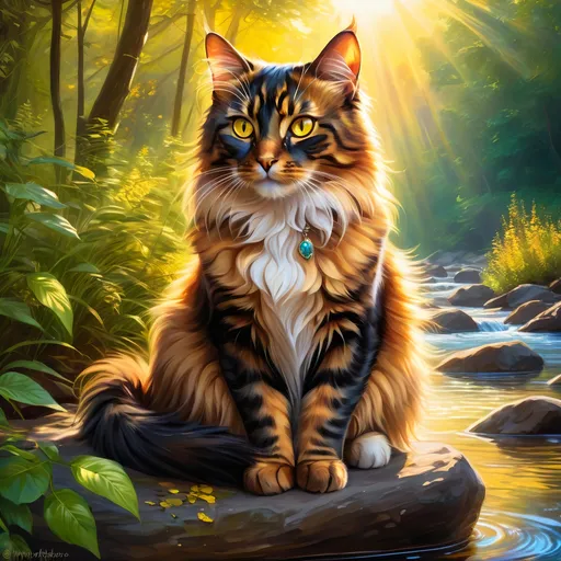 Prompt: warrior cat with {dark tortoiseshell fur} and bright {yellow eyes}, small young beautiful she-cat, epic anime portrait, beautiful 8k eyes, fine oil painting, serene, gazing at viewer, wearing shiny bracelet, lush fantasy forest, surrounded by herbs, 64k, hyper detailed, expressive, intelligent, small, smooth silky fur, thick silky mane, glistening golden fur, golden ratio, precise, perfect proportions, vibrant, sitting by a sun-bathed river, hyper detailed, dynamic, complementary colors, UHD, HDR, top quality artwork, beautiful detailed background, unreal 5, artstaion, deviantart, instagram, professional, masterpiece