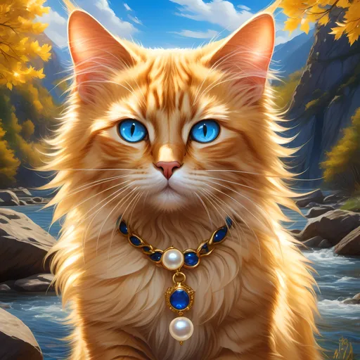 Prompt: warrior cat with pearl-gold fur and sapphire blue eyes, tom cat, epic anime portrait, beautiful 8k eyes, fine oil painting, intense, lunging at viewer, wearing shiny bracelet, worm's eye view, zoomed out view of character,  (unsheathed claws), visible claws, 64k, hyper detailed, expressive, intense, hissing cat, aggressive, intelligent, lithe, small, covered in scratches and scars, thick billowing mane, glistening golden fur, golden ratio, precise, perfect proportions, vibrant, prowling by a sun-bathed river, hyper detailed, complementary colors, UHD, HDR, top quality artwork, beautiful detailed background, unreal 5, artstaion, deviantart, instagram, professional, masterpiece