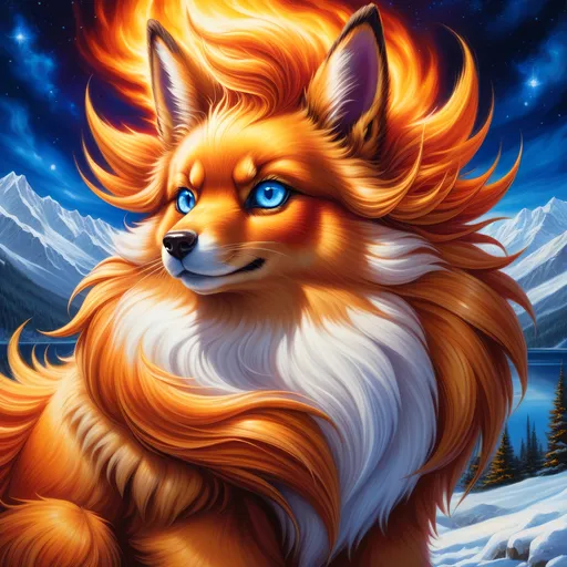 Prompt: Bronze {Flareon}, {copper fur}, gleaming intense (sapphire blue eyes:1.5), flame, fire element, fiery colors, feral, frost, detailed artwork, beautiful oil painting, 64k, detailed background, snowy lake, deep starry sky, lush cliffside, brilliant golden sunrise, big golden ears, beautiful dark muzzle, big beautiful 8k eyes, brave, fluffy, plump, vivid colors, thick fluffy fur, glowing fiery aura, thick billowing mane, intricately detailed fur, beautiful detailed eyes, by Anne Stokes, golden ratio, perfect proportions, vibrant, hyper detailed, complementary colors, UHD, ultra detailed, beautiful detailed background