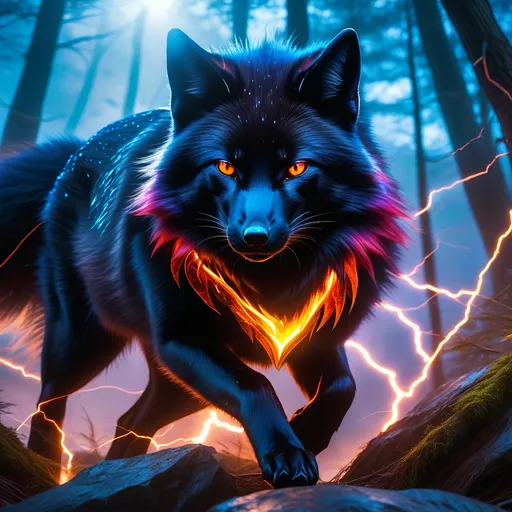 Prompt: young black fox warrior with (solid jet black fur) and glowing scarlet eyes, feral, epic anime portrait, close up, lightning element, cloaked in {ice armor}, crackling lightning, beautiful 8k eyes, fine oil painting, intense, wearing shiny bracelet, low angle view, soft HD fur, (unsheathed claws), visible claws, 64k, hyper detailed, expressive, intense, heroic, friendly, compassionate, brawny, thick billowing mane, fiery colors, psychedelic colors, lightning charged atmosphere, colorful stones, glistening black fur, prowling through a twilight forest,  golden ratio, precise, perfect proportions, vibrant, prowling by a sun-bathed river, hyper detailed, complementary colors, UHD, HDR, top quality artwork, beautiful detailed background, unreal 5, artstaion, deviantart, instagram, professional, masterpiece