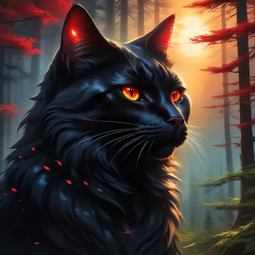 Prompt: warrior cat with jet black fur and scarlet eyes, tom cat, young apprentice, epic anime portrait, beautiful 8k eyes, fine oil painting, intense, wearing shiny bracelet, low angle view, zoomed out view of character,  (unsheathed claws), visible claws, 64k, hyper detailed, expressive, intense, heroic, friendly, aggressive yet compassionate, brawny, thick billowing mane, glistening black fur, prowling through a twilight forest, golden ratio, precise, perfect proportions, vibrant, hyper detailed, complementary colors, UHD, HDR, top quality artwork, beautiful detailed background, unreal 5, artstaion, deviantart, instagram, professional, masterpiece