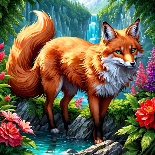 Prompt: portrait of a stunning beautiful fox with {shiny garnet and crimson fur} and {intricately detailed 8k 
mint green eyes}, feral fox, quadruped, young vixen, kitsune, nine-tailed fox, beautiful 8k eyes, elegant {crimson and garnet fur}, fine oil painting, stunning, gorgeous, back view, gazing at viewer, wind element,  beaming green eyes, (raised tail:2.5), glistening scarlet fur, surrounded by flowers and ferns, draped in ferns, 64k, hyper detailed, expressive, witty, graceful, beautiful, expansive silky mane, crystal mountain cave, secluded crystal lake, crystal waterfall, golden ratio, precise, perfect proportions, vibrant, standing majestically on a tall crystal stone, hyper detailed, complementary colors, UHD, HDR, top quality artwork, beautiful detailed background, detailed pixel art