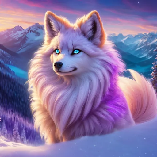 Prompt: {Alolan Vulpix}, Alaskan wolf, ice element, detailed artwork, epic photograph, 64k, 3D, detailed background, beautiful auroras, lush cliffside, snowy mountain peaks, snowy silky lilac fur, brilliant night sky, gleaming hypnotic purple eyes, mischievous, pleasant, cinematic, vivid colors, glowing ice aura, thick billowing mane, intricately detailed fur, beautiful detailed eyes, golden ratio, perfect proportions, vibrant, hyper detailed, complementary colors, UHD, beautiful detailed background, intricate detail, intricate facial detail, highly detailed background, realistic fur, photorealistic fur