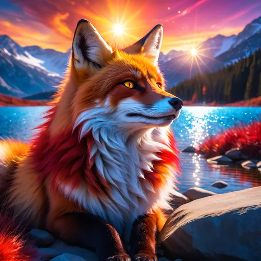 Prompt: young crimson fox prodigy with (solid crimson fur) and glowing {amber eyes}, feral, epic anime portrait, close up, fiery colors, brilliant sunrise, beautiful 8k eyes, deep starry sky, close up, fine oil painting, intense, low angle view, soft HD fur, frosted fur, (unsheathed claws), visible claws, 64k, hyper detailed, expressive, intense, elegant, graceful, silky extravagant mane, deep blue sky, colorful stones, glistening scarlet fur, sprawled at a lake shore, golden ratio, precise, perfect proportions, vibrant, lying by a sun-bathed lake, hyper detailed, complementary colors, UHD, HDR, top quality artwork, beautiful detailed background, unreal 5, artstaion, deviantart, instagram, professional, masterpiece