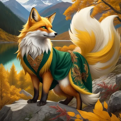 Prompt: beautiful bright gold fox champion with yellow fur and {forest green eyes}, kitsune, feral fox, nine-tailed fox, silky green robe with pheasant feathers, brawny, fierce, fire element, plant element, close up, detailed background, lush lakeside mountains background, highly detailed, accurate anatomy, highly detailed face