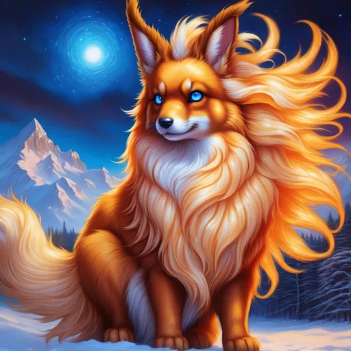 Prompt: {Flareon}, brilliant {blue eyes}, flame, fire element, feral, detailed artwork, beautiful oil painting, 64k, detailed background, snowy field, frost, deep starry sky, brilliant sunrise sky, big golden ears, beautiful dark muzzle, big beautiful 8k eyes, brave, vivid colors, thick fluffy fur, glowing fiery aura, thick billowing mane, intricately detailed fur, beautiful detailed eyes, , by Anne Stokes, golden ratio, perfect proportions, vibrant, hyper detailed, complementary colors, UHD, beautiful detailed background