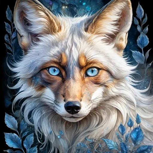 Prompt:   Double Exposure,  A very beautiful silver fox, with piercing blue eyes, in the style of Josephine Wall, Ultrarealistic digital illustration, detailed watercolor drawing on soft paper, Contemporary beautiful art, sensuality, atmospheric, dark fantasy, fantasy, magic, botanical, super-detail, psychedelic colors, vivid colors, golden ratio, high quality, HDR, 1024k, 8d,  professional