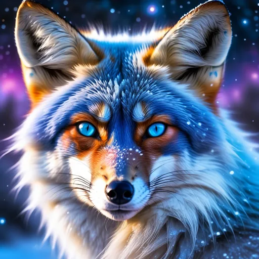 Prompt: portrait of a beautiful blue fox elder with (glistening blue fur) and glowing {sapphire blue eyes}, fine oil painting, feral fox, beautiful vixen kitsune, nine-tailed fox, sparkling frosted fur, (plump:1.5), ice element, epic anime portrait, three quarter portrait, gazing at viewer, icy colors, frost, brilliant night sky, beautiful 8k eyes, hyper detailed fur, icy white nose, deep starry sky, cosmic auroras, epic fantasy landscape, frost, intense, low angle view, soft HD fur, 64k, hyper detailed, symmetric, depth, detailed shading, highly detailed face, expressive, calm, cold, elegant, graceful, silky extravagant mane, silver fur highlights, deep {purple sky}, colorful stones, glistening blue hair, sprawled at a frosted lake shore, golden ratio, precise, perfect proportions, vibrant, hyper detailed, complementary colors, UHD, HDR, top quality artwork, beautiful detailed background, unreal 5, artstaion, deviantart, instagram, professional, masterpiece