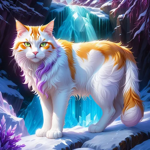 Prompt: fierce white cat with {shiny lilac fur} and {crisp amber brown eyes}, feral, quadruped, tomcat, warrior cats by Erin Hunter, gorgeous anime portrait, intense cartoon, beautiful 8k eyes, {pelt looks like auroras}, fine oil painting, brave, gentle, gazing at viewer, beaming eyes, crystal cave, crystal river, crystal waterfall in background, ice element, 64k, hyper detailed, expressive, bold, short frosted mane, crystal mountain cave, secluded crystal river, crystal waterfall, golden ratio, precise, perfect proportions, vibrant and vivid colors, standing majestically on a tall crystal stone, hyper detailed, complementary colors, UHD, HDR, top quality artwork, beautiful detailed background, unreal 5, artstaion, deviantart, instagram, professional, masterpiece