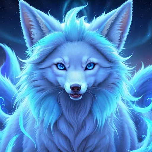 Prompt: {alolan Ninetales}, growling, fox, maned wolf, kitsune, ice element, detailed artwork, portrait, glistening ice blue fur, 8k detailed blue eyes, highly detailed eyes 8k, detailed background, auroras, brilliant night sky, mischievous, close up, highly detailed face, thick billowing mane, hyper realism, realistic, cinematic, vibrant, UHD, hyper realistic