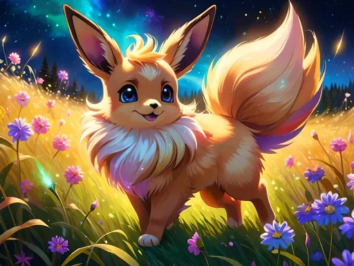 Prompt: (best quality: 1.5), (high quality:1.5), (intricate detail: 1.5), painting of an insanely beautiful magical Eevee, furry, fuzzy, happy, jubilant, magical, fairy dust, twinkling, bright colors, sparkling fur, shimmering, glistening, fairy dust in fur, dancing, running through a field, cute, vivid colors, vibrant colors, auroras, aurora halo, surreal, UHD, horizontal background, professional shading, 3D painting, depth, running toward viewer, insanely detailed background, insanely detailed fur, ultra detailed illustration, immaculate fur, fantasy, flying, professional digital painting, expressive face, beautiful eyes, 8k eyes, artstation, deviantart, trending, hyper detailed, stunning, breathtaking, beautiful, graceful, ethereal, enchanting, enchanted grassland, sparkling fireflies, breezy summer night, starry sky, 8k, 16k, 64k, unreal engine, perfect pose, golden ratio, symmetric, perfect proportions