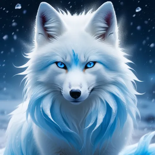 Prompt: ice elemental fox, feral fox, kyubi no kitsune, nine-tailed fox, cool blue fur, dark blue eyes, soft moonlight, silver muzzle, elder vixen, (plump), gazing at viewer, looking backward, insanely beautiful, stunning, gorgeous, enchanting, beautiful 8k eyes, confident, falling snow, shattered ice, frosted blue fur, vivid, vibrantm UHD, HDR, three-quarter portrait, detailed watercolor style on soft paper, sharp focus, masterpiece, cool colors, artstation, instagram, trending, 64k