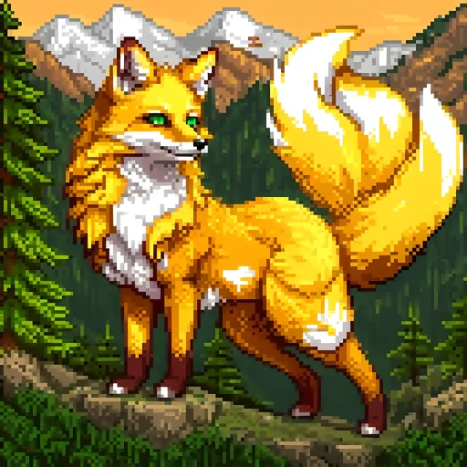 Prompt: beautiful bright gold fox champion with yellow fur and {forest green eyes}, kitsune, feral fox, nine-tailed fox, brawny, fierce, fire element, close up, detailed background, lush lakeside mountains background, highly detailed