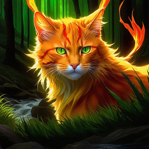 Prompt: warrior cat with {fiery orange fur} and bright {green eyes}, young male fire cat, epic anime portrait, beautiful 8k eyes, fine oil painting, intense, lunging at viewer, wearing shiny bracelet, solid red belly, lush fantasy forest, zoomed out view of character,  (unsheathed claws), visible claws, 64k, hyper detailed, expressive, intense, hissing cat, aggressive, intelligent, lithe, small, covered in scratches and scars, thick billowing mane, glistening golden fur, golden ratio, precise, perfect proportions, vibrant, prowling by a sun-bathed river, hyper detailed, dynamic, complementary colors, UHD, HDR, top quality artwork, beautiful detailed background, unreal 5, artstaion, deviantart, instagram, professional, masterpiece