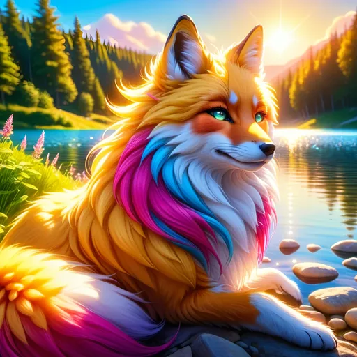 Prompt: beautiful young golden fox prodigy with (white-gold fur) and glowing {ruby magenta eyes}, {sky blue paws and ears, curly blue hair}, feral, epic anime portrait, close up, sunny colors, brilliant sunrise, beautiful 8k eyes, light fluffy clouds, lush verdant greenery, close up, fine oil painting, low angle view, soft HD fur, (unsheathed claws), visible claws, 64k, hyper detailed, expressive, energetic, vibrant, fluffy mane, petite, deep blue sky, colorful stones, glistening golden fur, bashful rosy cheeks, sprawled at a lake shore, golden ratio, precise, perfect proportions, vibrant colors, vivid colors, lying by a sun-bathed lake, hyper detailed, complementary colors, UHD, HDR, top quality artwork, beautiful detailed background, unreal 5, artstaion, deviantart, instagram, professional, masterpiece