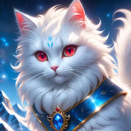 Prompt: champion cat with {shiny blue fur} and {ruby red eyes}, young female cat prodigy, frost, ice element, by Erin Hunter, gorgeous anime portrait, beautiful cartoon, 2d cartoon, beautiful 8k eyes, elegant {red fur}, glossy sheen fur, pronounced scar on chest, fine oil painting, modest, gazing at viewer, beaming red eyes, glistening blue fur, low angle view, zoomed out view of character, 64k, hyper detailed, expressive, timid, graceful, beautiful, expansive silky mane, deep starry sky, golden ratio, precise, perfect proportions, vibrant, standing majestically on a tall crystal stone, hyper detailed, complementary colors, UHD, HDR, top quality artwork, beautiful detailed background, unreal 5, artstaion, deviantart, instagram, professional, masterpiece