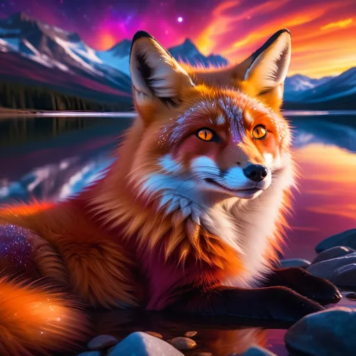 Prompt: portrait of a beautiful young crimson fox prodigy with (glistening crimson fur) and glowing jubilant {amber eyes}, feral, beautiful vixen, epic anime portrait, close up, gazing at viewer, fiery colors, brilliant sunrise, big beautiful 8k eyes, deep starry sky, cosmic auroras, epic fantasy landscape, frost, close up, fine oil painting, intense, low angle view, soft HD fur, 64k, hyper detailed, symmetric, expressive, intense, elegant, graceful, silky extravagant mane, black fur lighlights, deep purple sky, colorful stones, glistening scarlet fur, sprawled at a lake shore, golden ratio, precise, perfect proportions, vibrant, lying by a sun-bathed lake, hyper detailed, complementary colors, UHD, HDR, top quality artwork, beautiful detailed background, unreal 5, artstaion, deviantart, instagram, professional, masterpiece