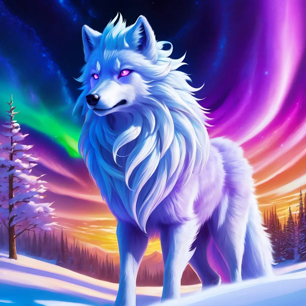 Prompt: {Alolan Ninetales}, growling, wolf, ice element, detailed artwork, portrait, 8k, detailed background, curly purple hair, silky snow white fur, beautiful auroras, brilliant night sky, gleaming hypnotic purple eyes, mischievous, thick billowing mane, beautiful detailed eyes, golden ratio, perfect proportions, photorealistic, hyper realism, complementary colors, UHD