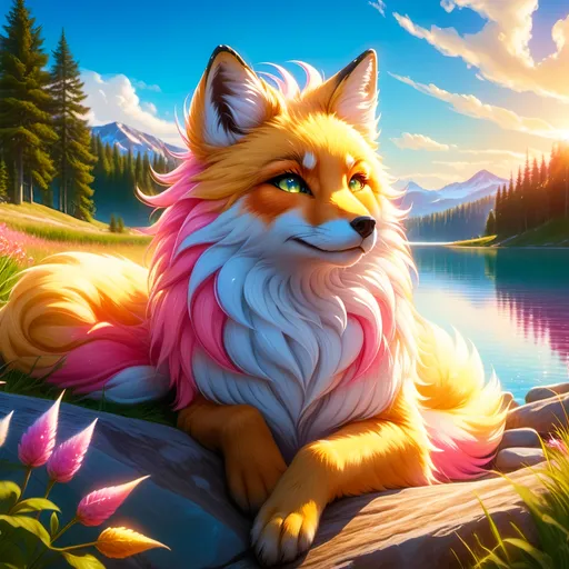 Prompt: beautiful young golden fox prodigy with (white-gold fur) and glowing {ruby pink eyes}, {sky blue paws and ears, curly blue hair}, feral, epic anime portrait, close up, sunny colors, brilliant sunrise, beautiful 8k eyes, light fluffy clouds, lush verdant greenery, close up, fine oil painting, low angle view, soft HD fur, (unsheathed claws), visible claws, 64k, hyper detailed, expressive, energetic, vibrant, fluffy mane, petite, deep blue sky, colorful stones, glistening golden fur, bashful rosy cheeks, sprawled at a lake shore, golden ratio, precise, perfect proportions, vibrant colors, vivid colors, lying by a sun-bathed lake, hyper detailed, complementary colors, UHD, HDR, top quality artwork, beautiful detailed background, unreal 5, artstaion, deviantart, instagram, professional, masterpiece