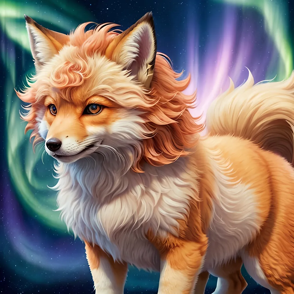 Prompt: {Alolan Vulpix}, growling, fox, kitsune, ice element, detailed artwork, portrait, 8k, detailed background, auroras, brilliant night sky, mischievous, thick billowing mane, hyper realism, realistic, hyper realistic