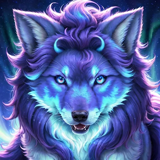 Prompt: {Alolan Vulpix}, growling, wolf, ice element, detailed artwork, portrait, 8k, detailed background, beautiful auroras, brilliant night sky, gleaming hypnotic purple eyes, mischievous, thick billowing mane