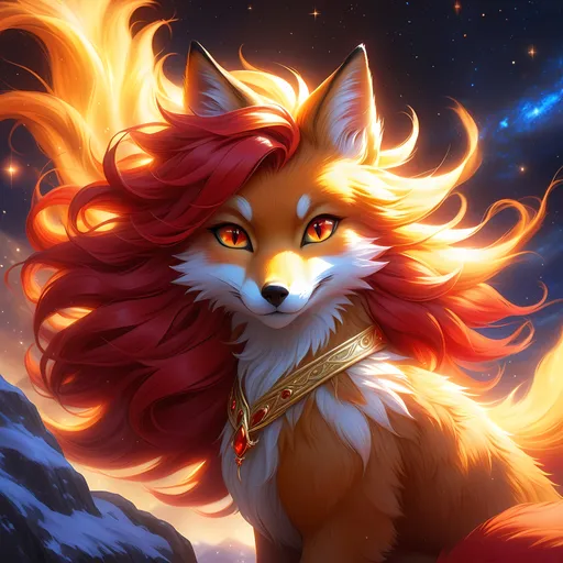 Prompt: hero fox with {red fur} and {amber yellow eyes}, young female fox prodigy, feral fox, nine-tailed fox, fire element, flame, Erin Hunter, gorgeous anime portrait, beautiful cartoon, 2d cartoon, beautiful 8k eyes, elegant {red fur}, glossy sheen fur, pronounced scar on chest, fine oil painting, modest, gazing at viewer, beaming red eyes, glistening red fur, low angle view, zoomed out view of character, 64k, hyper detailed, expressive, timid, graceful, beautiful, expansive silky mane, deep starry sky, golden ratio, precise, perfect proportions, vibrant, standing majestically on a tall crystal stone, hyper detailed, complementary colors, UHD, HDR, top quality artwork, beautiful detailed background, unreal 5, artstaion, deviantart, instagram, professional, masterpiece