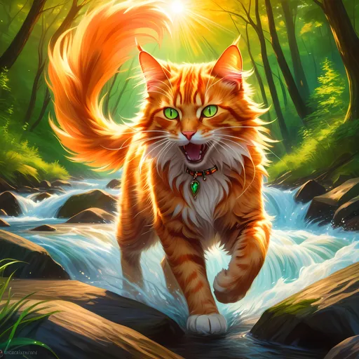 Prompt: warrior cat with {fiery orange fur} and bright {green eyes}, young male fire cat, epic anime portrait, beautiful 8k eyes, fine oil painting, intense, lunging at viewer, wearing shiny bracelet, solid red belly, lush fantasy forest, zoomed out view of character,  (unsheathed claws), visible claws, 64k, hyper detailed, expressive, intense, hissing cat, aggressive, intelligent, lithe, small, covered in scratches and scars, thick billowing mane, glistening golden fur, golden ratio, precise, perfect proportions, vibrant, prowling by a sun-bathed river, hyper detailed, dynamic, complementary colors, UHD, HDR, top quality artwork, beautiful detailed background, unreal 5, artstaion, deviantart, instagram, professional, masterpiece