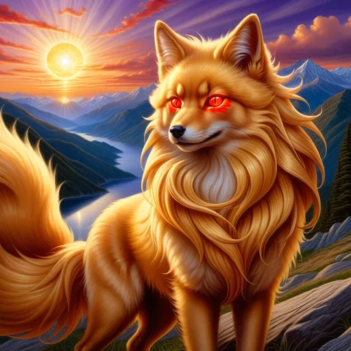 Prompt: (best quality:1.5), (high quality:1.5), (masterpiece:1.5), stunning beautiful Ninetales with (gleaming gold fur:2) and (glowing red eyes:2), sparkling fur highlights, huge beautiful sparkling eyes, nine-tailed fox, many tails, multiple tails, nine lush amber tails, feral, fire element, fiery maw, kitsune tails, beautiful defined detailed paws, quadruped, gorgeous anime portrait, intense cartoon, tall and slender, beautiful 8k eyes, kitsune, close up, up close, layers of incredibly detailed mountains, wild, nature, incredibly detailed fur, highly detailed face, water element, detailed fine fur, fine oil painting, stunning, finely  detailed fur, fierce, majestic, long silky hair, intimidating, gorgeous, gazing at viewer, beaming eyes, glowered eyes, well-defined figure, beautiful defined figure, lake shore sunrise, perfect reflection, shimmering, beautifully defined legs, beautiful detailed defined shading, long ribbon-like hair on forehead, french curves, professional shading, long flowing hair on crest, sharply focused red clouds, Anne Stokes, highly detailed jagged mountain vista, brilliant sunrise on purple sky, (horizontal background), 64k, hyper detailed, expressive, beautiful, thick silky mane, golden ratio, symmetric, accurate anatomy, precise, perfect proportions, vibrant, standing majestically on a mountain, hyper detailed, complementary colors, UHD, HDR, top quality artwork, beautiful detailed background, unreal 5, artstaion, deviantart, instagram, professional