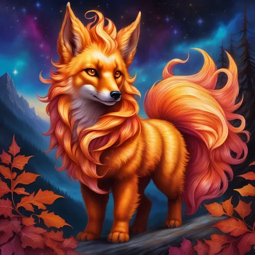 Prompt: {Vulpix}, gleaming hypnotic {garnet brown eyes}, flame, fire element, feral, frost, detailed artwork, beautiful oil painting, 64k, detailed background, aspen leaves, deep starry sky, lush cliffside, brilliant sunrise sky, big golden ears, big beautiful 8k eyes, mischievous, vivid colors, thick fluffy fur, glowing fiery aura, fire princess, bashful rosy cheeks, timid, bright rosy cheeks, thick billowing mane, intricately detailed fur, beautiful detailed eyes, , by Anne Stokes, golden ratio, perfect proportions, vibrant, hyper detailed, complementary colors, UHD, beautiful detailed background