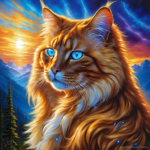 Prompt: Gold cat warrior, {glistening golden fur}, gleaming intense (deep sapphire blue eyes:1.5), electricity, lightning element, bright colors, feral, detailed artwork, beautiful oil painting, 64k, detailed background, by Erin Hunter, sunshine river, brilliant auroras, brilliant golden sunrise, hyper detailed, depth, rich shading, beautiful dark muzzle, big beautiful 8k eyes, brave, fluffy, plump, vivid colors, thick fluffy fur, glowing fiery aura, thick billowing mane, bright fluffy cheeks, intricately detailed fur, beautiful detailed eyes, by Anne Stokes, golden ratio, perfect proportions, vibrant, hyper detailed, complementary colors, UHD, ultra detailed, beautiful detailed background