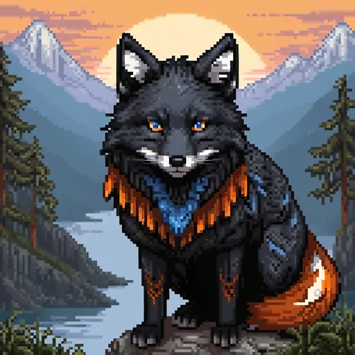 Prompt: beautiful black fox warrior with jet black fur and {dusk orange and twilight blue} eyes, kitsune, feral fox, nine-tailed fox, brawny, fierce, fire and ice, close up, detailed background, lush lakeside mountains background, highly detailed