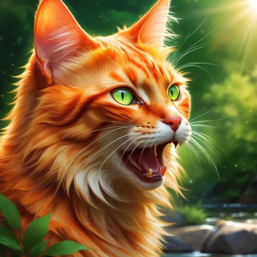 Prompt: warrior cat with {fiery orange fur} and bright green eyes, young male cat, epic anime portrait, beautiful 8k eyes, fine oil painting, intense, lunging at viewer, wearing shiny bracelet, solid red belly, worm's eye view, zoomed out view of character,  (unsheathed claws), visible claws, 64k, hyper detailed, expressive, intense, hissing cat, aggressive, intelligent, lithe, small, covered in scratches and scars, thick billowing mane, glistening golden fur, golden ratio, precise, perfect proportions, vibrant, prowling by a sun-bathed river, hyper detailed, dynamic, complementary colors, UHD, HDR, top quality artwork, beautiful detailed background, unreal 5, artstaion, deviantart, instagram, professional, masterpiece