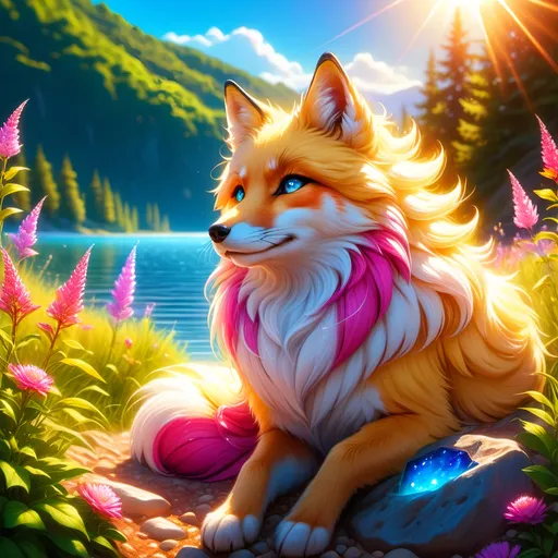 Prompt: beautiful young golden fox prodigy with (white-gold fur) and glowing {ruby magenta eyes}, {sky blue paws and ears, curly blue hair}, feral, epic anime portrait, close up, sunny colors, brilliant sunrise, beautiful 8k eyes, light fluffy clouds, lush verdant greenery, close up, fine oil painting, low angle view, soft HD fur, (unsheathed claws), visible claws, 64k, hyper detailed, expressive, energetic, vibrant, fluffy mane, petite, deep blue sky, colorful stones, glistening golden fur, bashful rosy cheeks, sprawled at a lake shore, golden ratio, precise, perfect proportions, vibrant colors, vivid colors, lying by a sun-bathed lake, hyper detailed, complementary colors, UHD, HDR, top quality artwork, beautiful detailed background, unreal 5, artstaion, deviantart, instagram, professional, masterpiece
