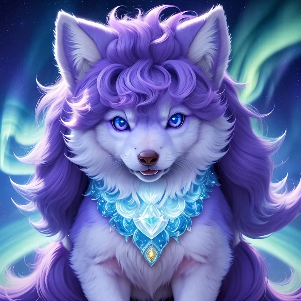 Prompt: {Alolan Vulpix}, growling, wolf, ice element, detailed artwork, portrait, 8k, detailed background, beautiful auroras, brilliant night sky, gleaming hypnotic purple eyes, mischievous, thick billowing mane, beautiful detailed eyes, golden ratio, perfect proportions, complementary colors, UHD