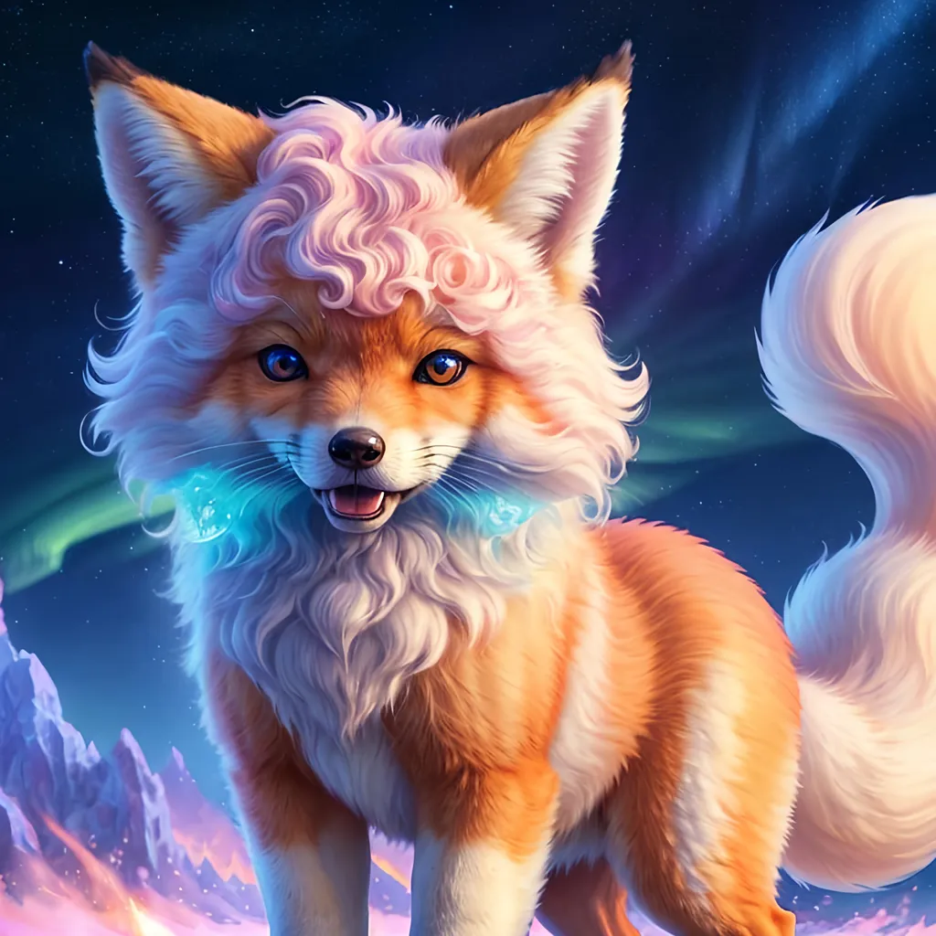 Prompt: {Alolan Vulpix}, growling, fox, kitsune, ice element, detailed artwork, portrait, 8k, detailed background, auroras, brilliant night sky, mischievous, thick billowing mane, hyper realism, realistic, hyper realistic