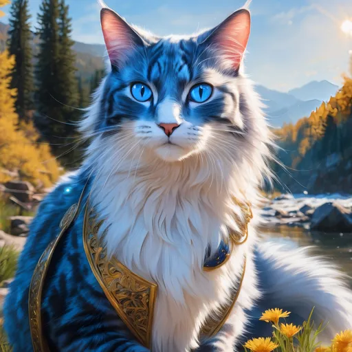 Prompt: warrior cat with speckled {silver-white fur} and {sapphire blue eyes}, young female cat, epic anime portrait, beautiful 8k eyes, elegant {frosted blue fur}, fine oil painting, intense, lunging at viewer, worm's eye view, frosted flowers, zoomed out view of character,  (unsheathed claws), visible claws, wears a bracelet, 64k, hyper detailed, expressive, intense, graceful, hissing cat, aggressive, sassy, passionate, lithe, beautiful, billowing wild mane, golden ratio, precise, perfect proportions, vibrant, prowling by a sun-bathed river, hyper detailed, complementary colors, UHD, HDR, top quality artwork, beautiful detailed background, unreal 5, artstaion, deviantart, instagram, professional, masterpiece