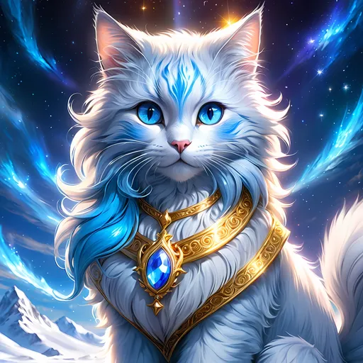 Prompt: warrior cat with {russian blue fur} and {crystal blue eyes}, senior she-cat, ice element, frost, Erin Hunter, gorgeous anime portrait, beautiful cartoon, 2d cartoon, beautiful 8k eyes, elegant {blue fur}, pronounced scar on chest, fine oil painting, modest, gazing at viewer, beaming blue eyes, glistening blue fur, low angle view, zoomed out view of character, 64k, hyper detailed, expressive, timid, graceful, beautiful, expansive silky mane, deep starry sky, golden ratio, precise, perfect proportions, vibrant, standing majestically on a tall crystal stone, hyper detailed, complementary colors, UHD, HDR, top quality artwork, beautiful detailed background, unreal 5, artstaion, deviantart, instagram, professional, masterpiece