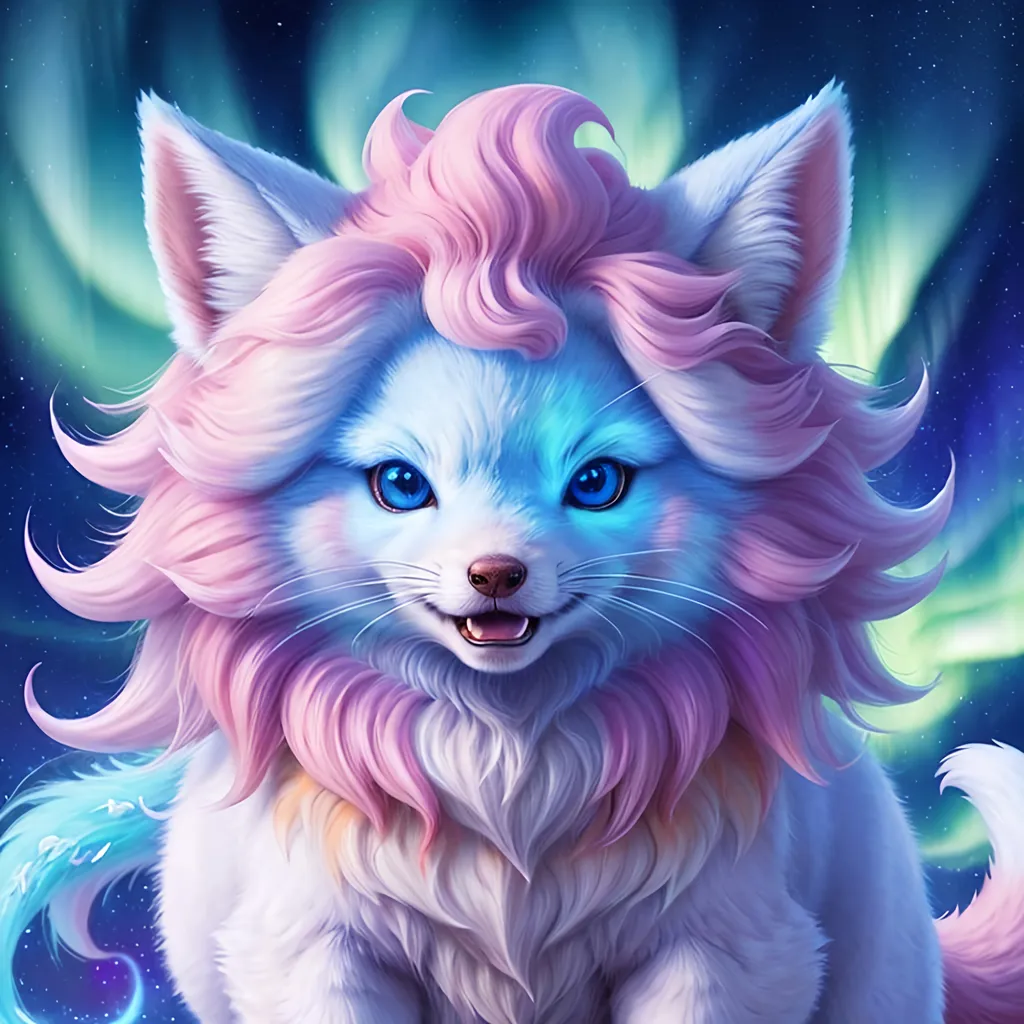 Prompt: {Alolan Vulpix}, growling, fox, kitsune, ice element, detailed artwork, portrait, 8k, detailed background, auroras, brilliant night sky, mischievous, thick billowing mane, hyper realism, realistic, hyper realistic