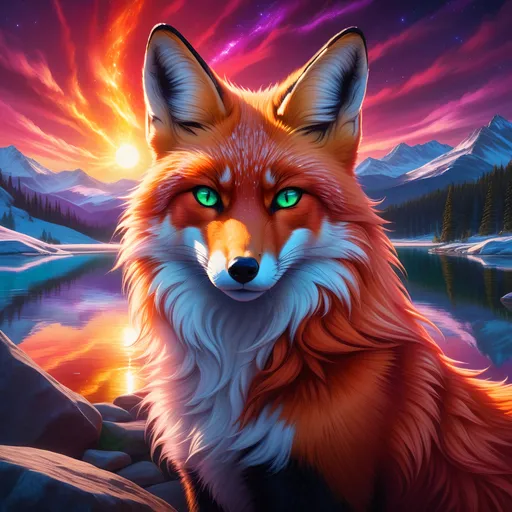 Prompt: portrait of a beautiful young crimson fox prodigy with (glistening crimson fur) and glowing {emerald eyes}, fine oil painting, feral, beautiful vixen kitsune, epic anime portrait, close up, gazing at viewer, fiery colors, brilliant sunrise, beautiful 8k eyes, deep starry sky, cosmic auroras, epic fantasy landscape, frost, close up, intense, low angle view, soft HD fur, 64k, hyper detailed, symmetric, highly detailed face, expressive, intense, elegant, graceful, silky extravagant mane, black fur lighlights, deep purple sky, colorful stones, glistening scarlet fur, sprawled at a lake shore, golden ratio, precise, perfect proportions, vibrant, lying by a sun-bathed lake, hyper detailed, complementary colors, UHD, HDR, top quality artwork, beautiful detailed background, unreal 5, artstaion, deviantart, instagram, professional, masterpiece