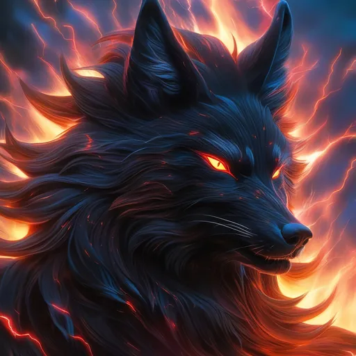 Prompt: young warrior black fox with (solid jet black fur) and {scarlet eyes}, feral, gorgeous anime portrait, 2d cartoon,  lightning element, crackling lightning, beautiful 8k eyes, fine oil painting, intense, wearing shiny bracelet, low angle view, (unsheathed claws), visible claws, 64k, thick white outlines, fine colored pencil,  head turned toward viewer, hyper detailed, expressive, intense, heroic, friendly, compassionate, brawny, thick billowing mane, fiery colors, psychedelic colors, lightning charged atmosphere, colorful stones, glistening black fur, prowling through a twilight forest,  golden ratio, intricate detailed fur, precise, perfect proportions, vibrant, prowling by a sun-bathed river, hyper detailed, complementary colors, UHD, HDR, top quality artwork, beautiful detailed background, unreal 5, artstaion, deviantart, instagram, professional, masterpiece