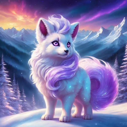 Prompt: {Alolan Vulpix}, gleaming hypnotic {amethyst purple eyes}, frost, ice element, detailed artwork, beautiful oil painting, 64k, detailed background, cosmic auroras, deep starry sky, lush cliffside, snowy mountain peaks, brilliant night sky, big purple ears, big beautiful 8k eyes, mischievous, vivid colors, thick fluffy fur, glowing ice aura, snow princess, bashful rosy cheeks, timid, bright rosy cheeks, thick billowing mane, intricately detailed fur, beautiful detailed eyes, , by Anne Stokes, golden ratio, perfect proportions, vibrant, hyper detailed, complementary colors, UHD, beautiful detailed background