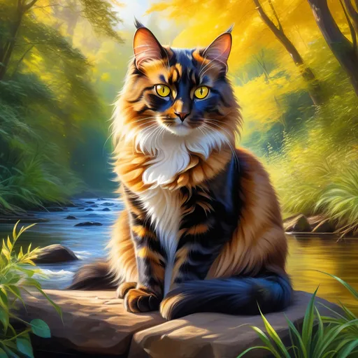Prompt: warrior cat with {dark tortoiseshell fur} and bright {yellow eyes}, small young beautiful she-cat, epic anime portrait, beautiful 8k eyes, fine oil painting, serene, gazing at viewer, wearing shiny bracelet, lush fantasy forest, surrounded by herbs, 64k, hyper detailed, expressive, intelligent, small, smooth silky fur, thick silky mane, glistening golden fur, golden ratio, precise, perfect proportions, vibrant, sitting by a sun-bathed river, hyper detailed, dynamic, complementary colors, UHD, HDR, top quality artwork, beautiful detailed background, unreal 5, artstaion, deviantart, instagram, professional, masterpiece