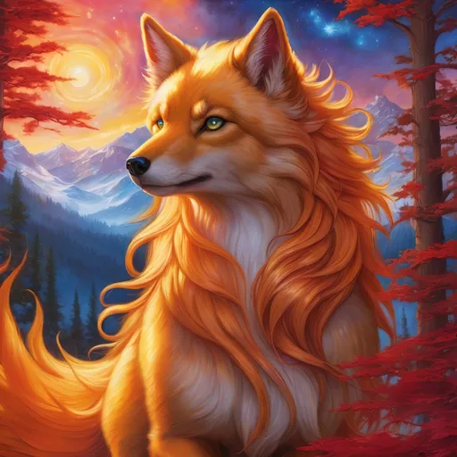 Prompt: {Ninetales}, gleaming hypnotic {ruby red eyes}, flame, fire element, feral, detailed artwork, beautiful oil painting, 64k, detailed background, aspen leaves, deep starry sky, lush frosted cliffside, brilliant sunrise sky, big golden ears, big beautiful 8k eyes, mischievous, vivid colors, slender body, thick fluffy fur, glowing fiery aura, fire princess, bashful rosy cheeks, timid, bright rosy cheeks, thick billowing mane, intricately detailed fur, beautiful detailed eyes, , by Anne Stokes, golden ratio, perfect proportions, vibrant, hyper detailed, complementary colors, UHD, beautiful detailed background