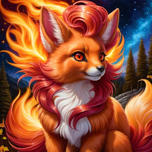 Prompt: Bronze {Vulpix}, {copper fur}, gleaming hypnotic (garnet brown eyes:1.5), flame, fire element, feral, frost, detailed artwork, beautiful oil painting, 64k, detailed background, aspen leaves, deep starry sky, lush cliffside, brilliant sunrise sky, big golden ears, beautiful dark muzzle, big beautiful 8k eyes, mischievous, vivid colors, thick fluffy fur, glowing fiery aura, fire princess, bashful rosy cheeks, timid, bright rosy cheeks, thick billowing mane, intricately detailed fur, beautiful detailed eyes, , by Anne Stokes, golden ratio, perfect proportions, vibrant, hyper detailed, complementary colors, UHD, beautiful detailed background